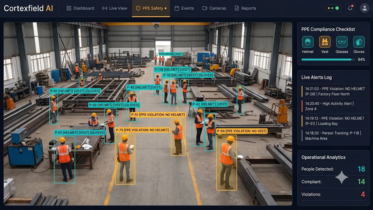 CortexField AI PPE safety detection showing workers with AI detection and safety equipment monitoring